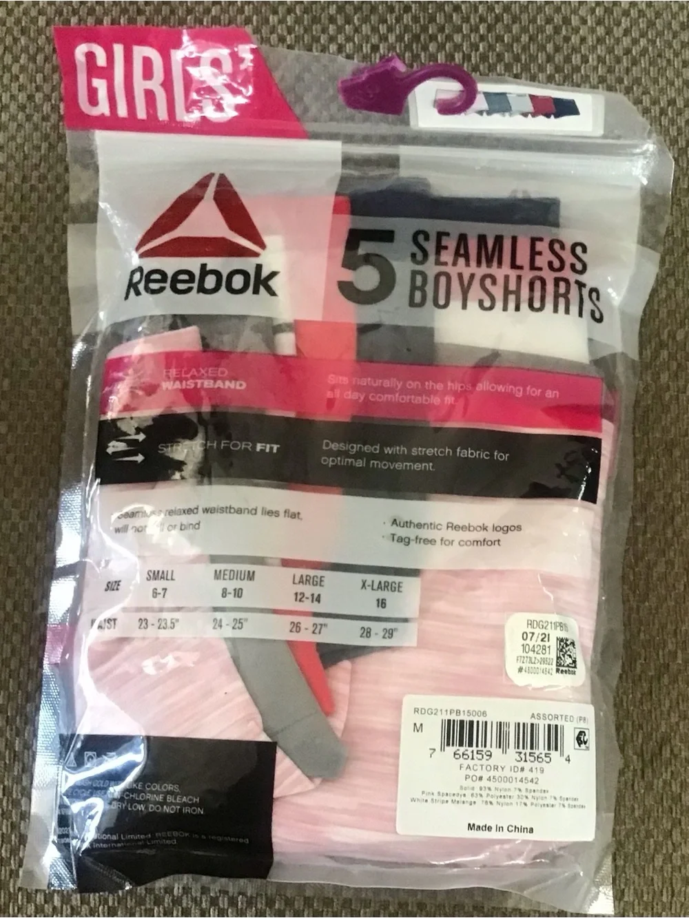 Reebok Girls Seamless Underwear Boyshort Panties, 5-Pack